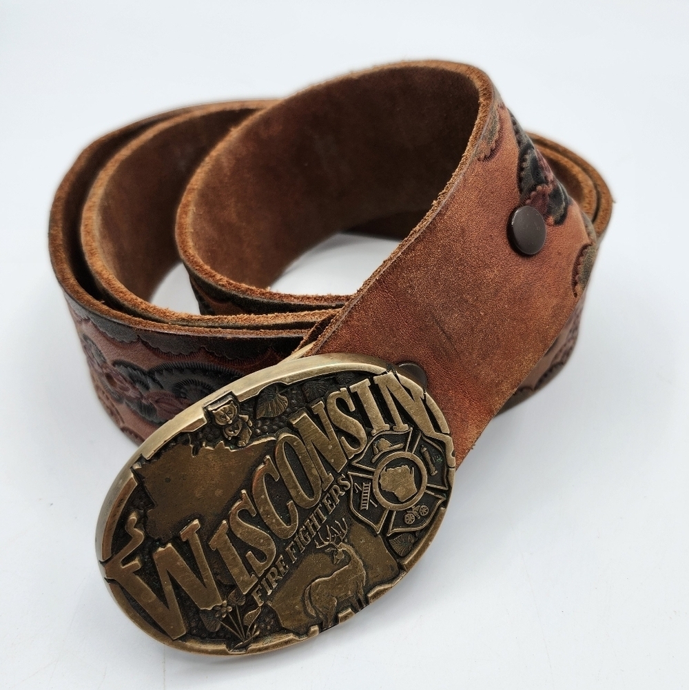 Vintage Tooled & Handpainted WI.Brass Buckel Firefighters Brown Leather Belt